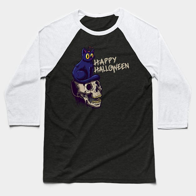 Happy Halloween Cat with Skull Costumes Baseball T-Shirt by alpmedia